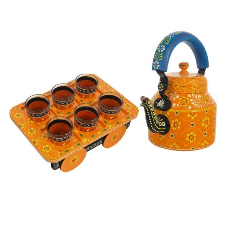 HandPainted Alluminium  Tea Kettle with 6 Glasses and Wooden Tray For Home Décor , Tea Party , Serving